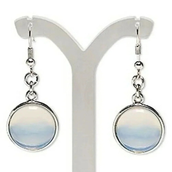 Hand Crafted Translucent Opalite Gemstone Cabochon Silver Dangle Earrings - Picture 1 of 1